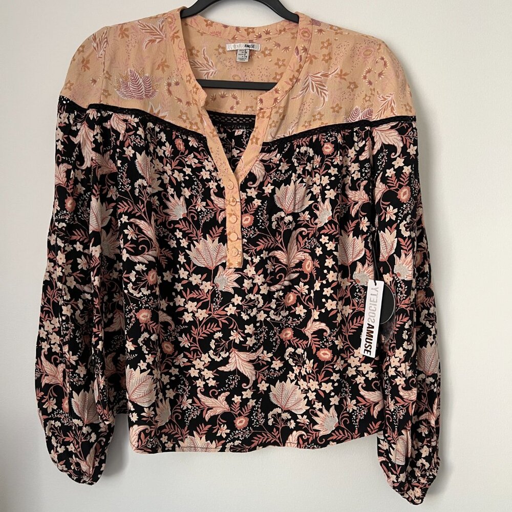 Amuse Society Women's Beach Vida Bling Black/Beige Floral Top, Size S - NWT